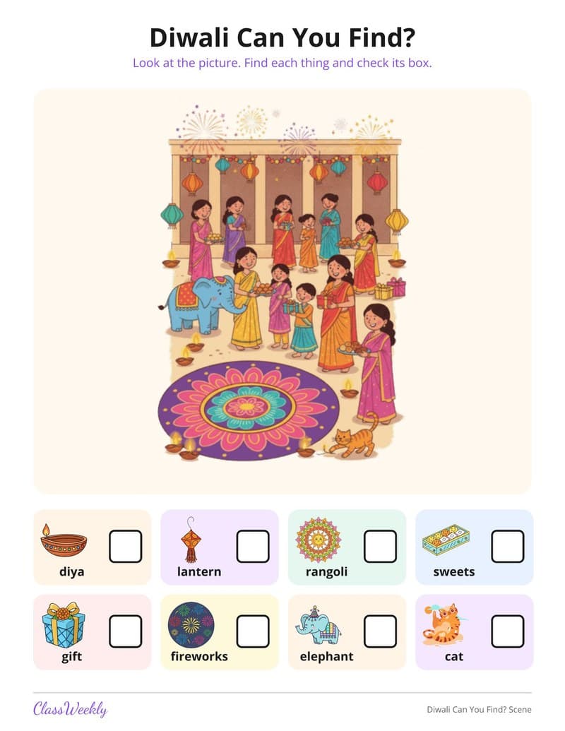 Diwali Can You Find? Scene - 2nd Grade Holiday Activities printable preview