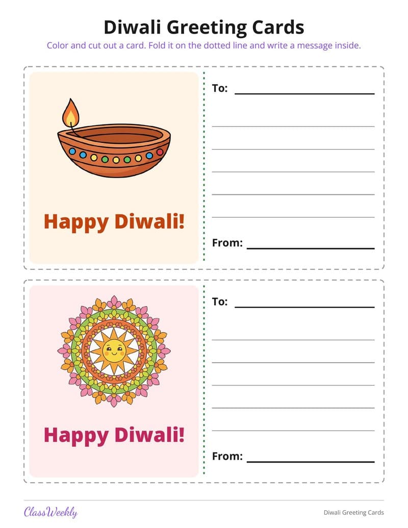 Diwali Greeting Cards - 3rd Grade Holiday Activities printable preview