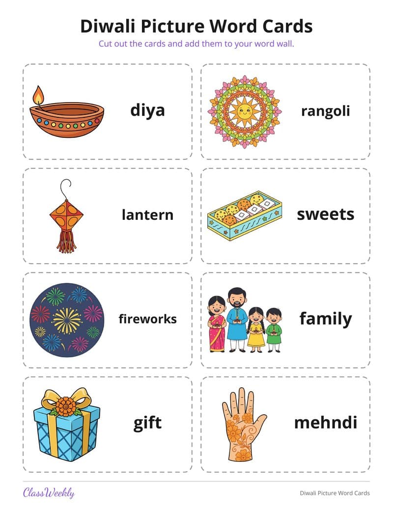 Diwali Picture Word Cards - 2nd Grade Holiday Activities printable preview