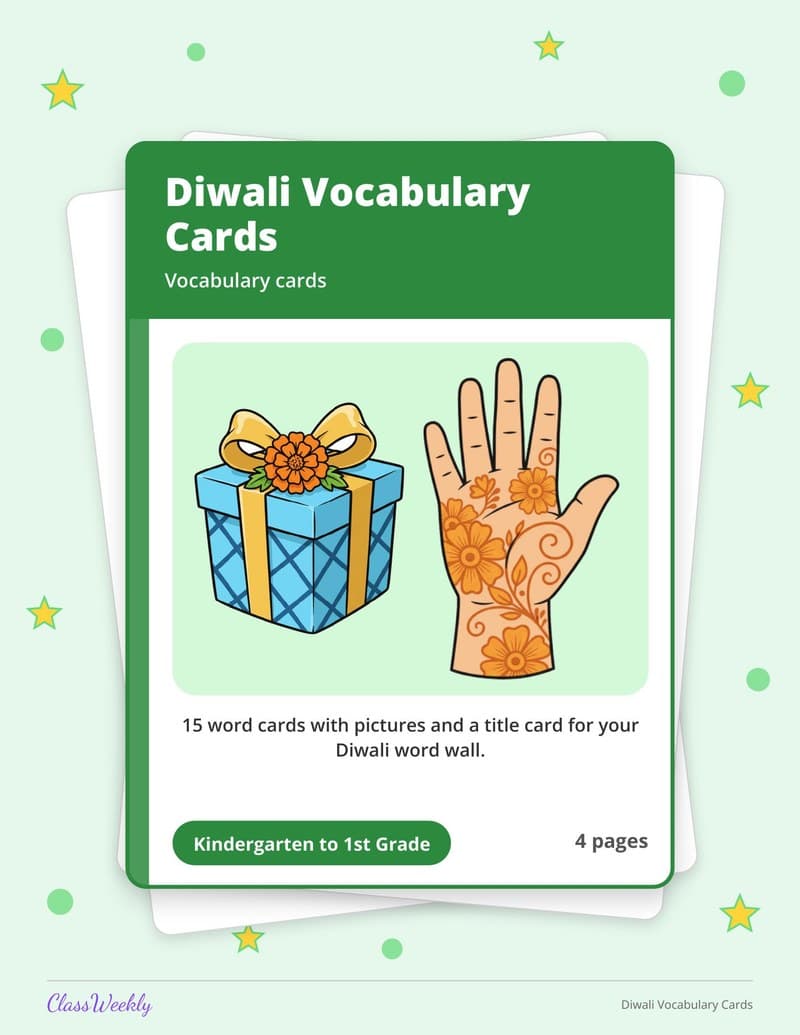Diwali Vocabulary Cards - Kindergarten Holiday Activities printable preview