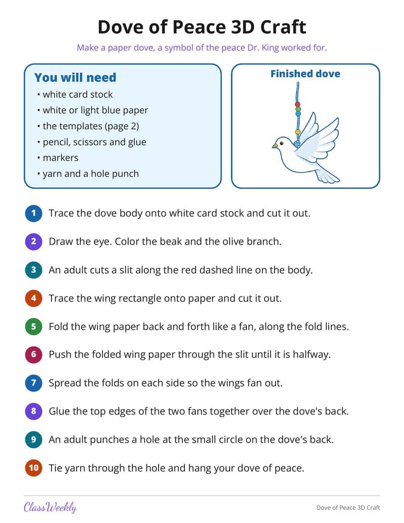 Dove of Peace 3D Craft - 3rd Grade Holiday Activities printable preview