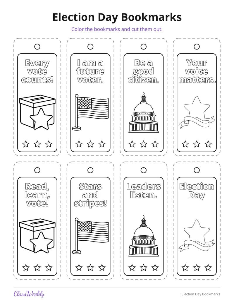 Election Day Bookmarks - 4th Grade Holiday Activities printable preview