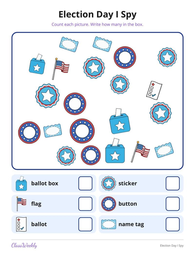 Election Day I Spy - Kindergarten Holiday Activities printable preview