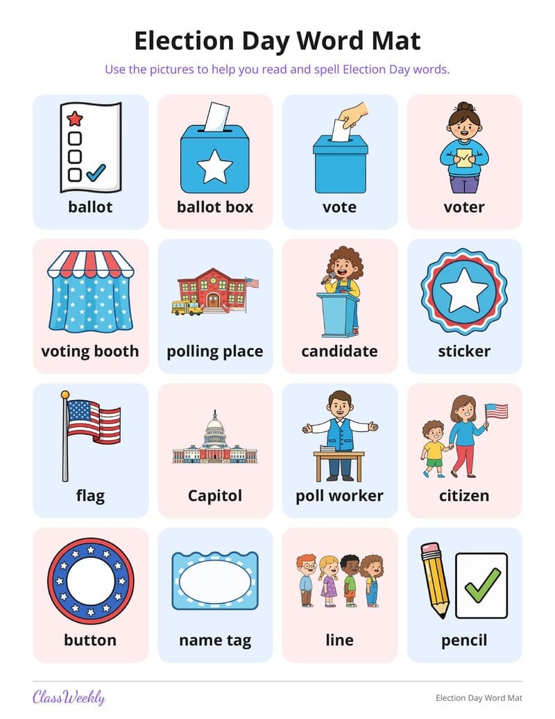 Election Day Word Mat - 2nd Grade Holiday Activities printable preview