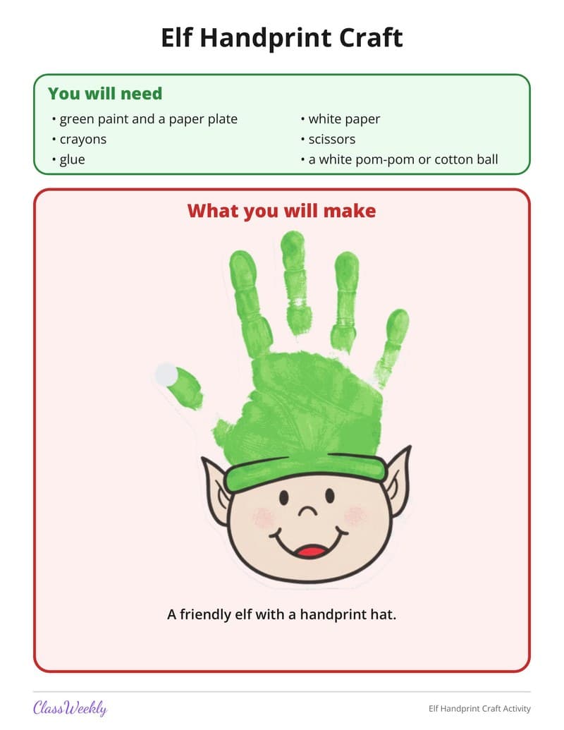 Elf Handprint Craft Activity - Kindergarten Holiday Activities printable preview
