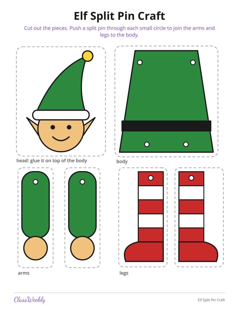 Elf Split Pin Craft - Kindergarten Holiday Activities printable preview