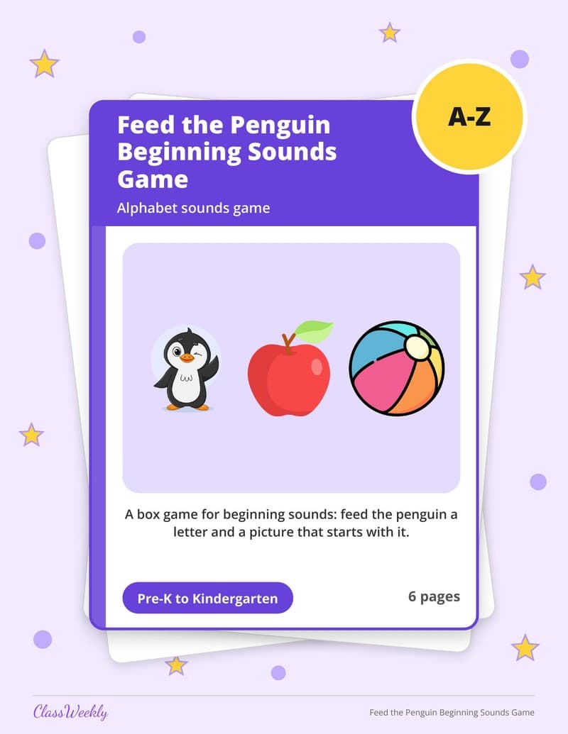 Feed the Penguin Beginning Sounds Game - Kindergarten Holiday Activities printable preview