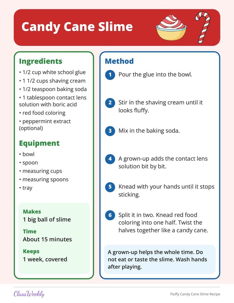 Fluffy Candy Cane Slime Recipe - 3rd Grade Holiday Activities printable preview