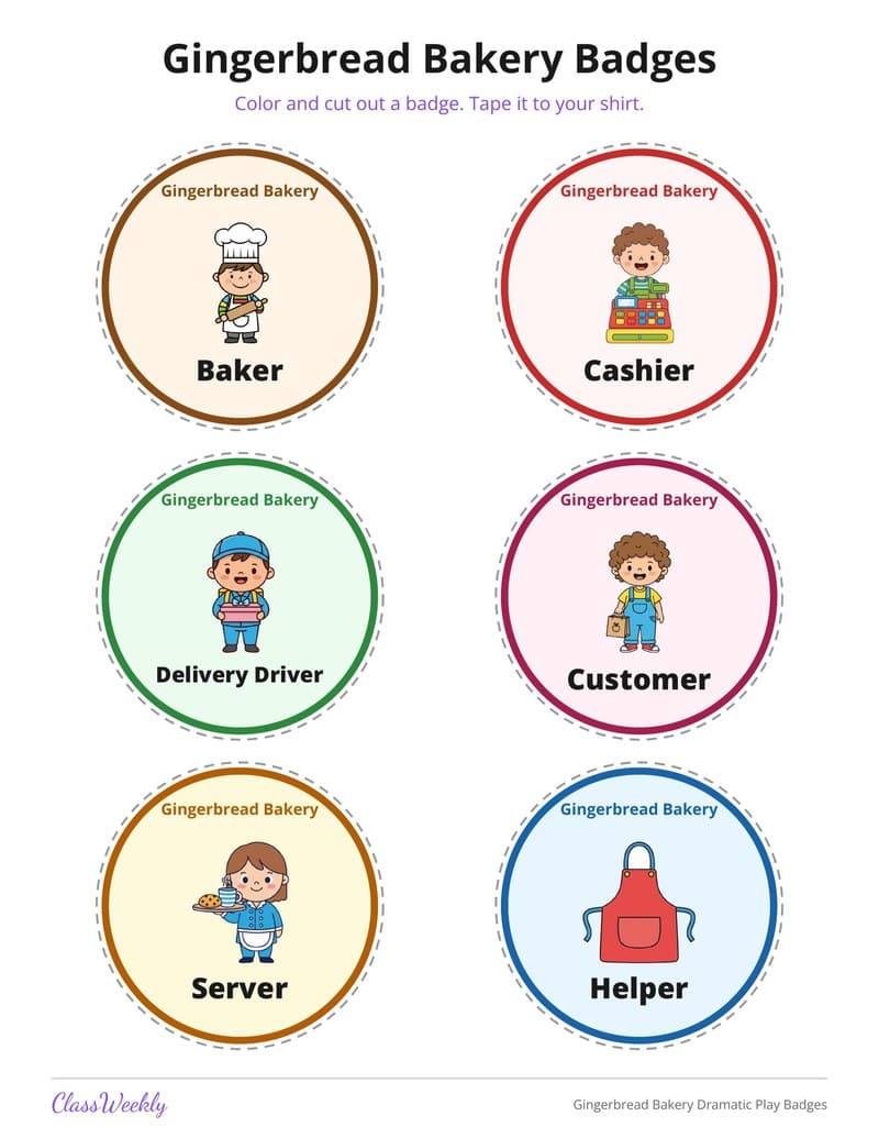 Gingerbread Bakery Dramatic Play Badges - Kindergarten Holiday Activities printable preview