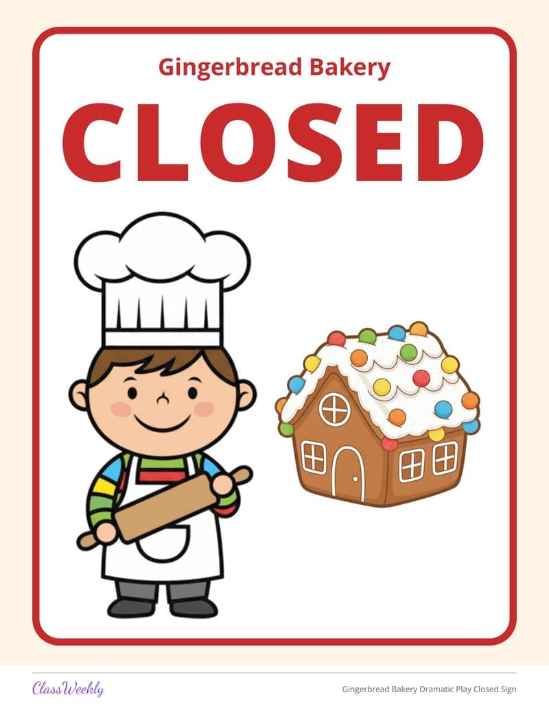 Gingerbread Bakery Dramatic Play Closed Sign - Kindergarten Holiday Activities printable preview