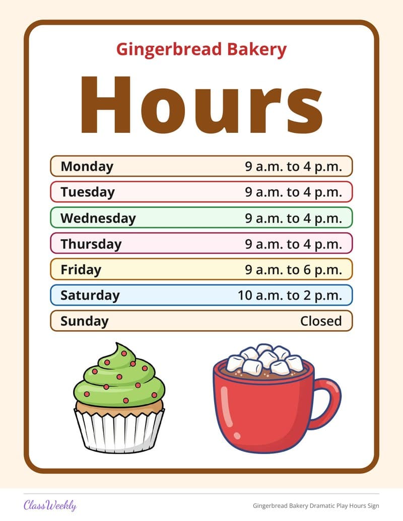 Gingerbread Bakery Dramatic Play Hours Sign - Kindergarten Holiday Activities printable preview