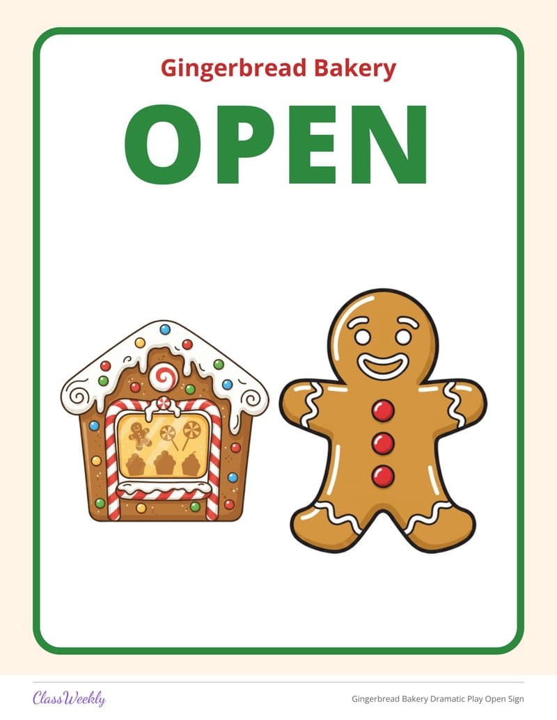 Gingerbread Bakery Dramatic Play Open Sign - Kindergarten Holiday Activities printable preview