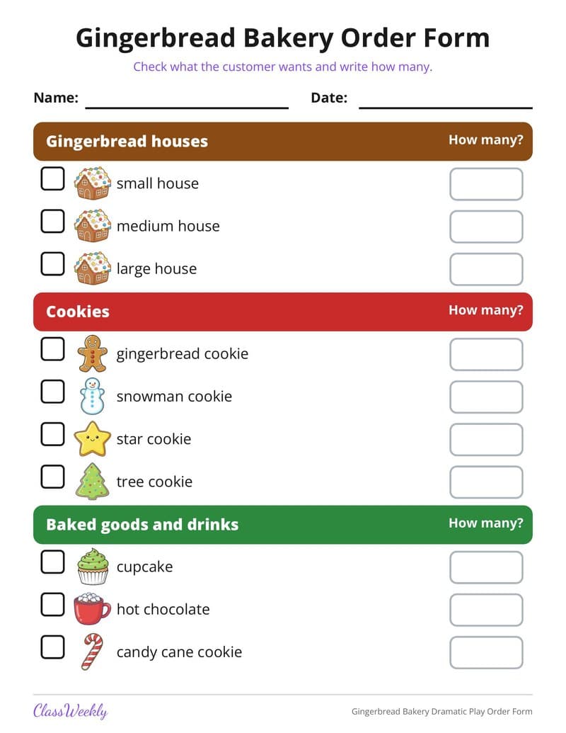 Gingerbread Bakery Dramatic Play Order Form - Kindergarten Holiday Activities printable preview