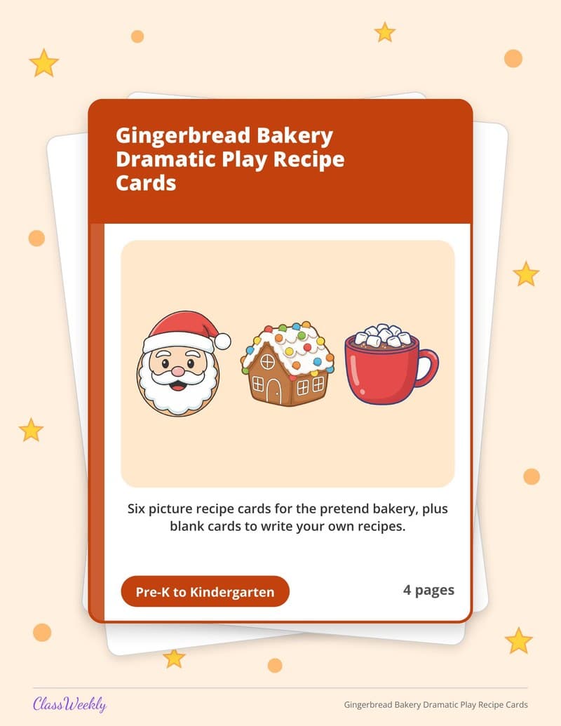 Gingerbread Bakery Dramatic Play Recipe Cards - Kindergarten Holiday Activities printable preview