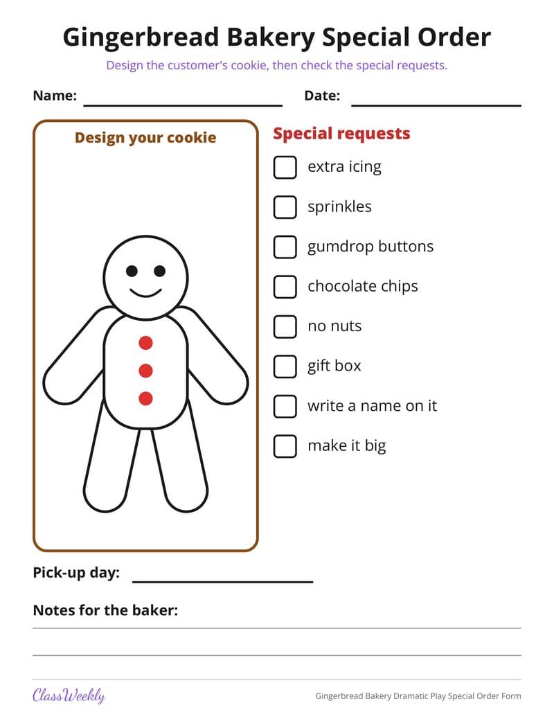 Gingerbread Bakery Dramatic Play Special Order Form - Kindergarten Holiday Activities printable preview