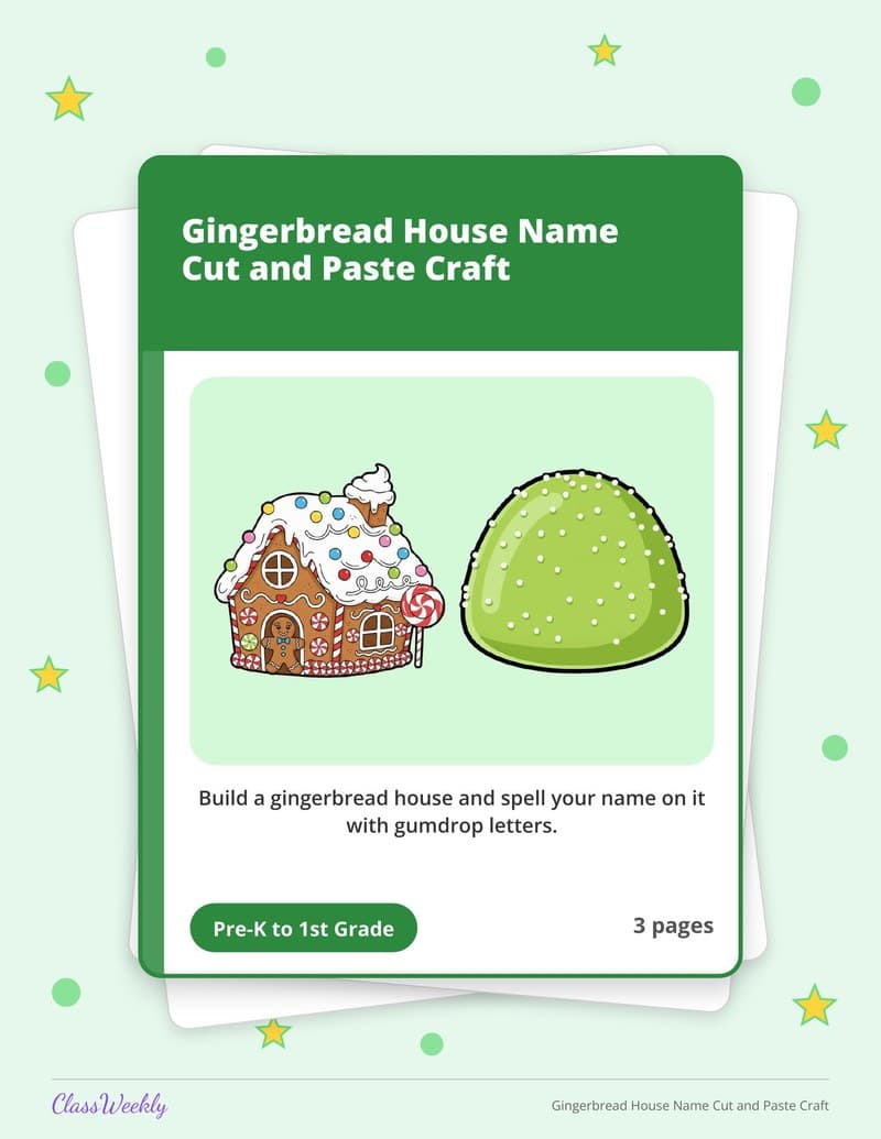 Gingerbread House Name Cut and Paste Craft - Kindergarten Holiday Activities printable preview