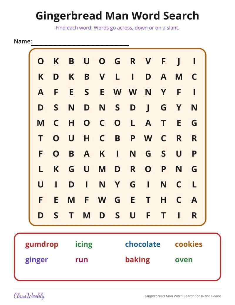 Gingerbread Man Word Search for K-2nd Grade - 2nd Grade Holiday Activities printable preview