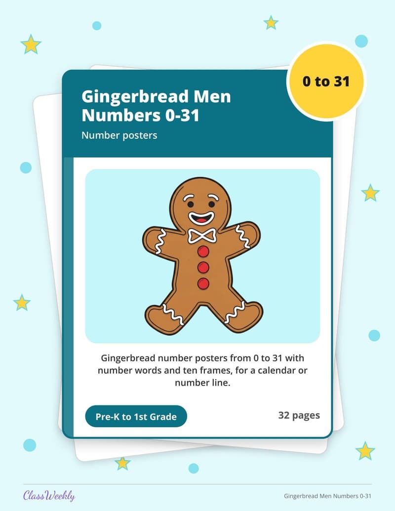 Gingerbread Men Numbers 0-31 - Kindergarten Holiday Activities printable preview