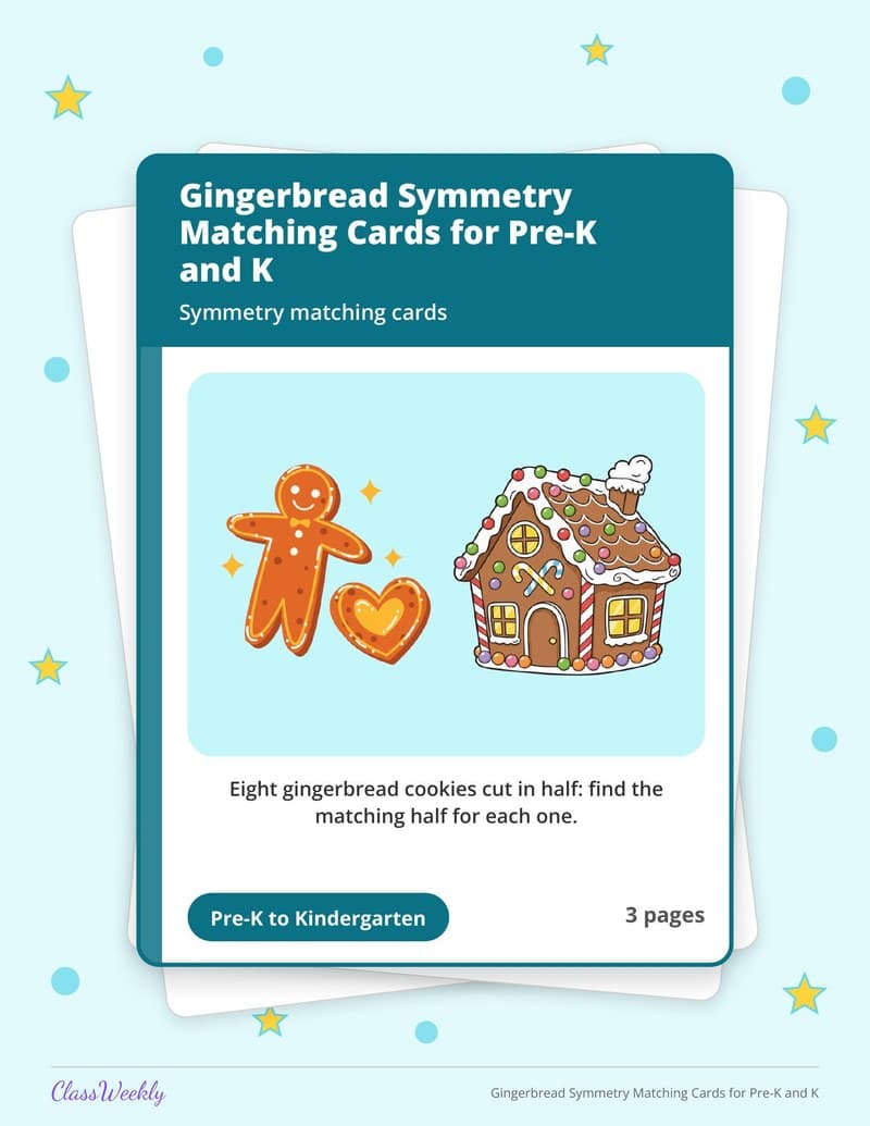 Gingerbread Symmetry Matching Cards for Pre-K and K - Kindergarten Holiday Activities printable preview