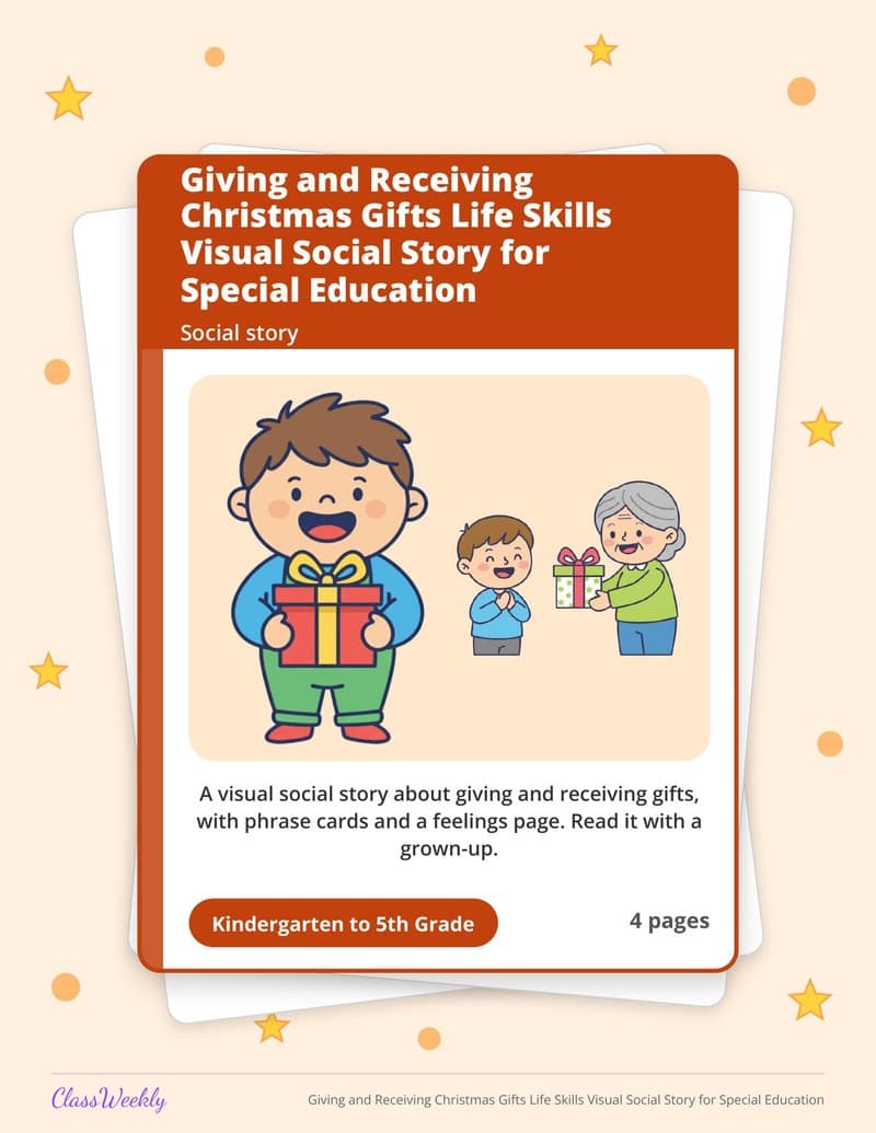 Giving and Receiving Christmas Gifts Life Skills Visual Social Story for Special Education - Kindergarten Holiday Activities printable preview
