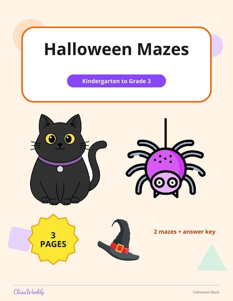 Halloween Mazes with Answer Key - Kindergarten Holiday Activities printable preview