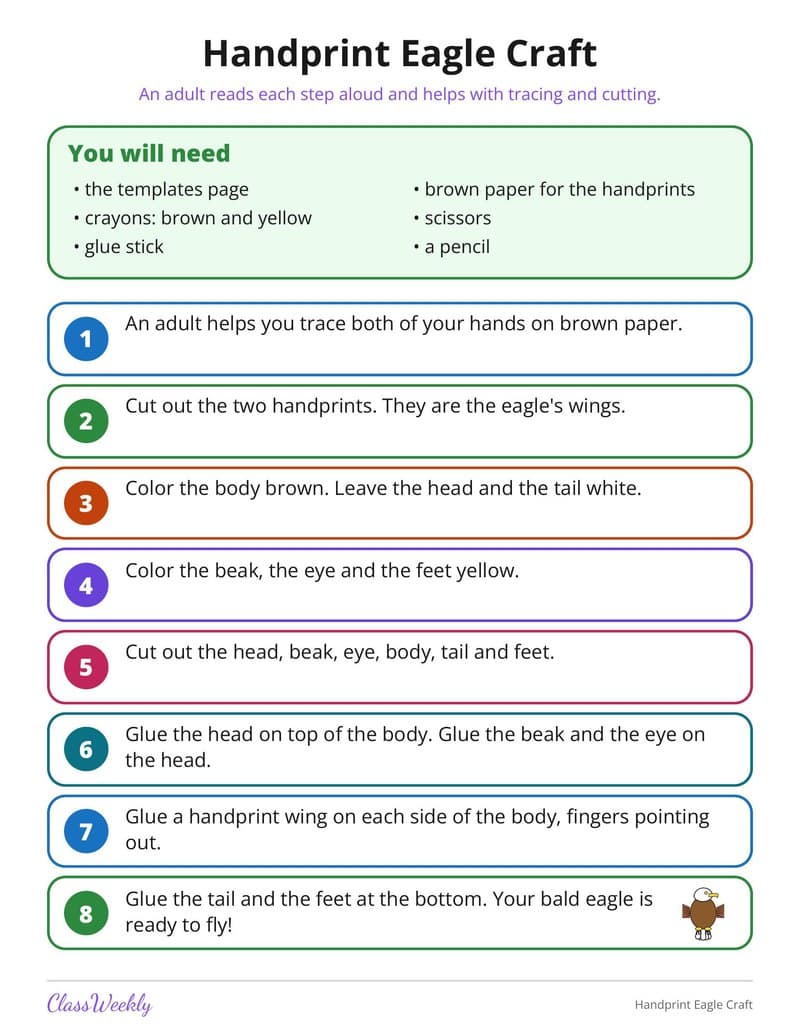 Handprint Eagle Craft - Kindergarten Holiday Activities printable preview