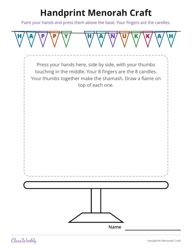 Handprint Menorah Craft - Kindergarten Holiday Activities printable preview