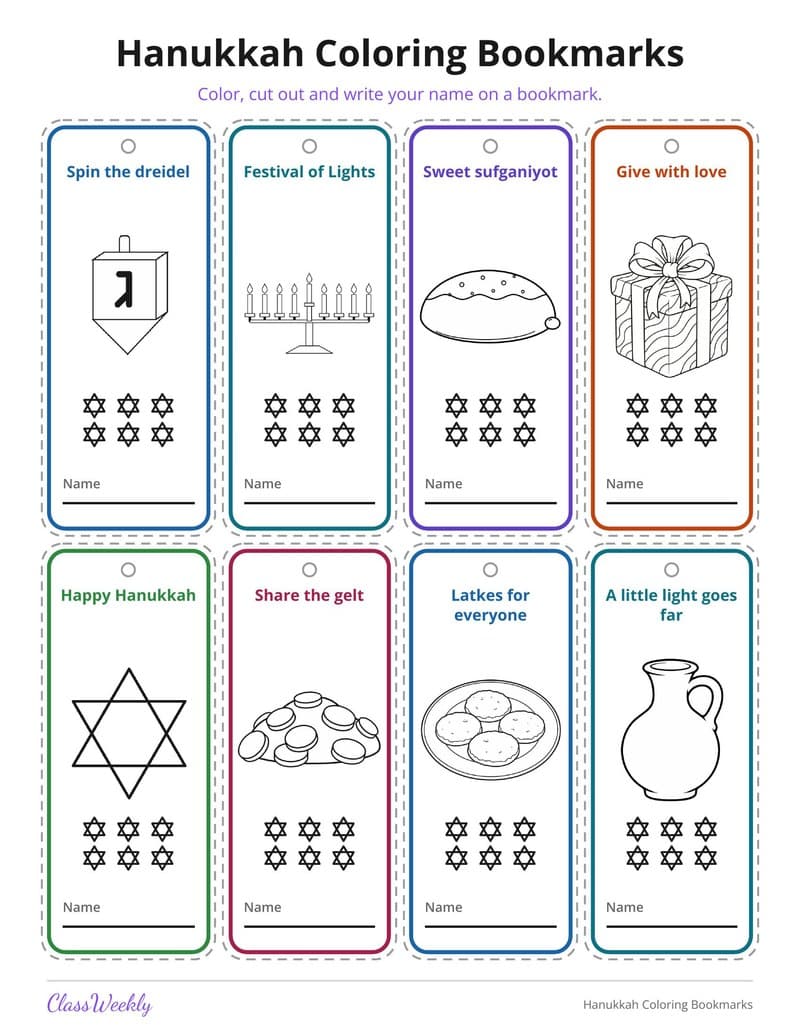 Hanukkah Coloring Bookmarks - Kindergarten Holiday Activities printable preview