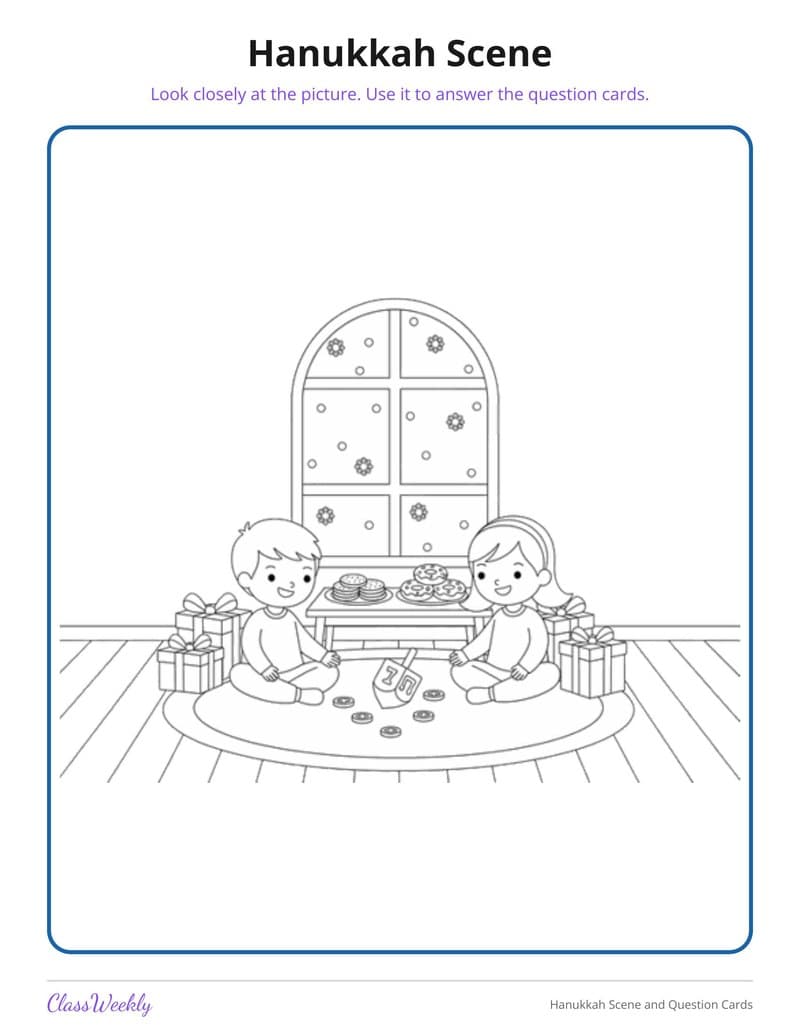 Hanukkah Scene and Question Cards - Kindergarten Holiday Activities printable preview