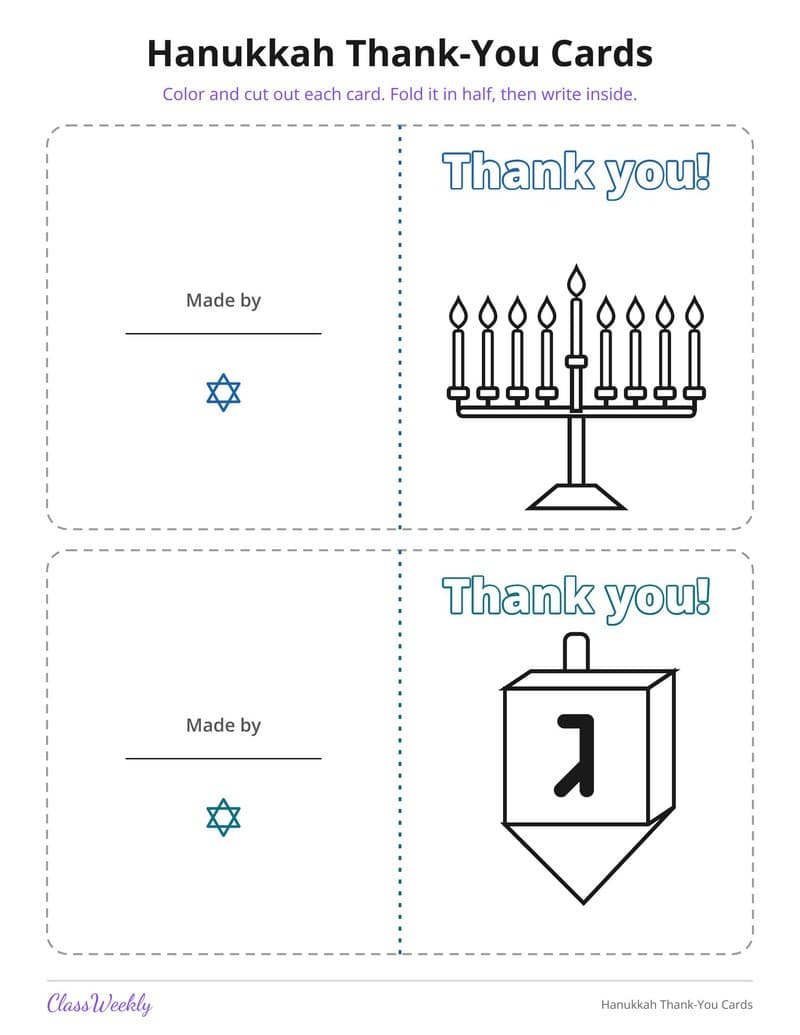 Hanukkah Thank-You Cards - 3rd Grade Holiday Activities printable preview