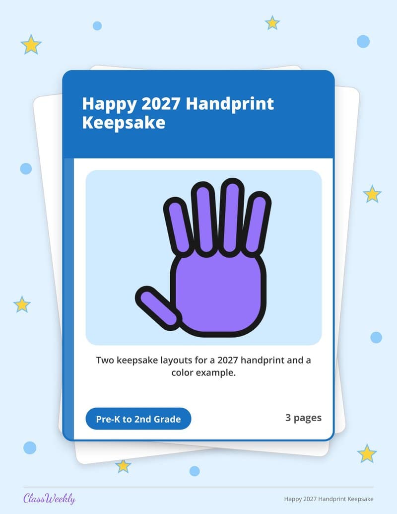 Happy 2027 Handprint Keepsake - Kindergarten Holiday Activities printable preview