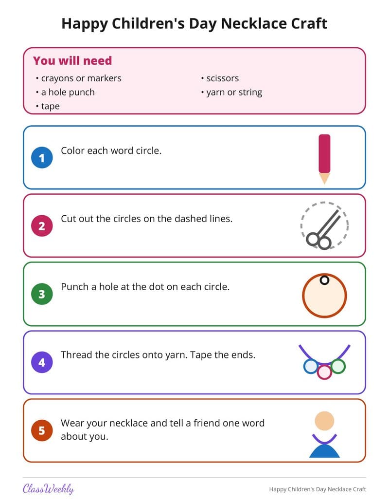 Happy Children's Day Necklace Craft - Kindergarten Holiday Activities printable preview