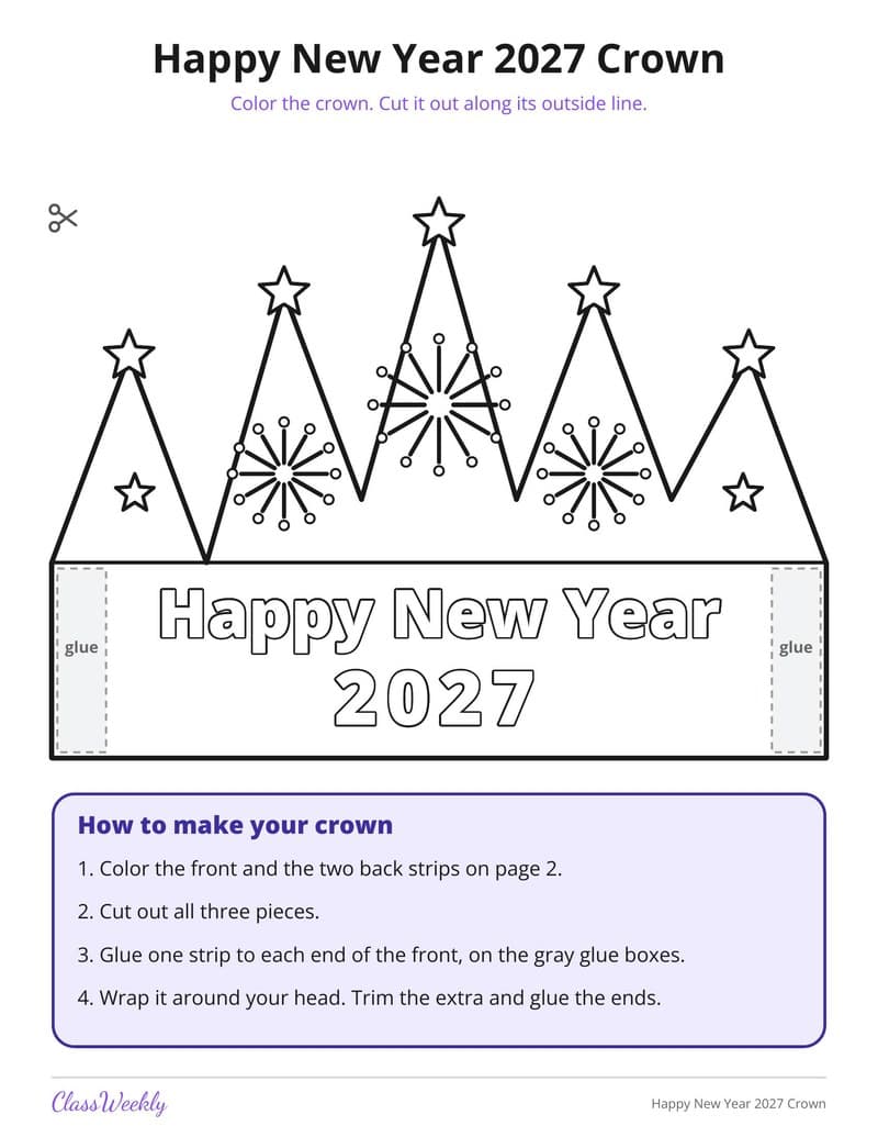 Happy New Year 2027 Crown - Kindergarten Holiday Activities printable preview