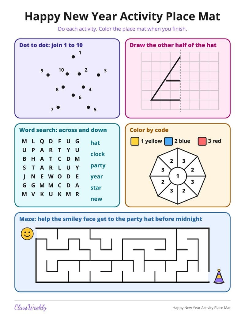 Happy New Year Activity Place Mat - Kindergarten Holiday Activities printable preview