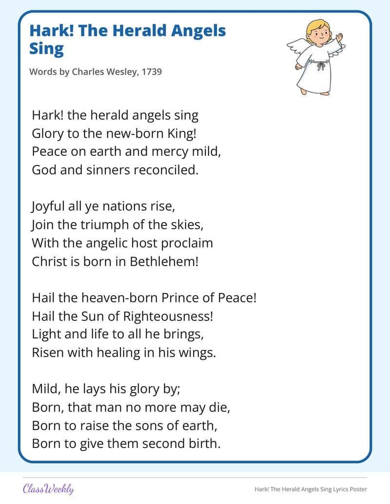 Hark! The Herald Angels Sing Lyrics Poster - 3rd Grade Holiday Activities printable preview
