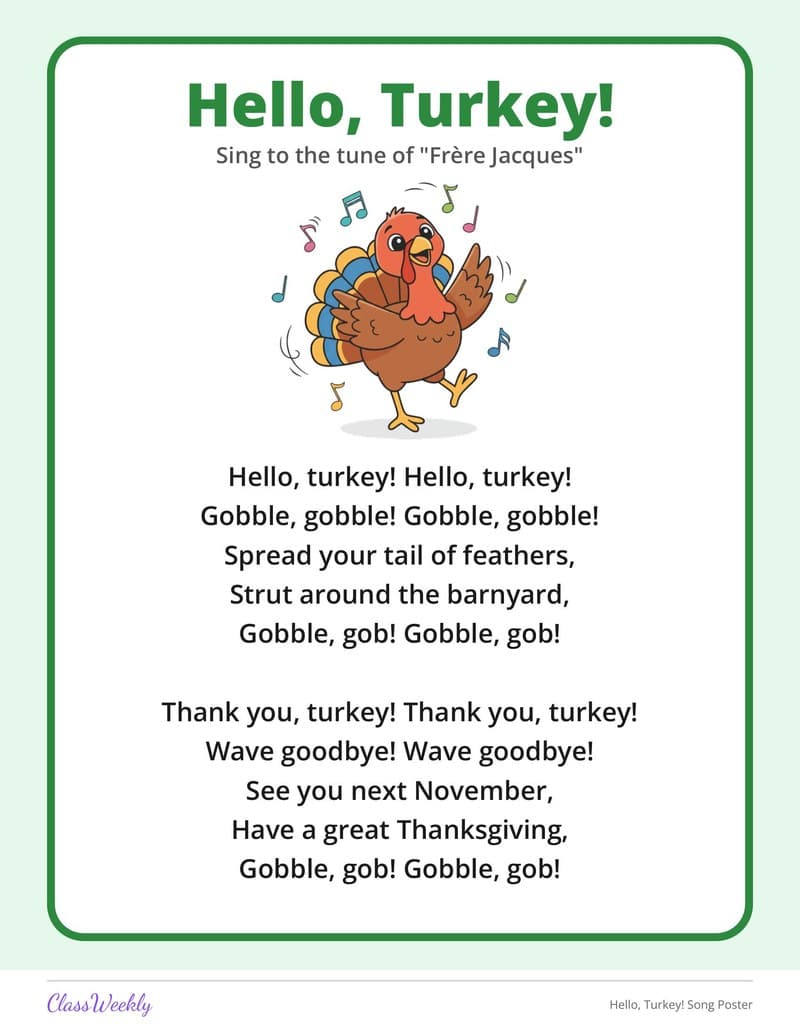 Hello, Turkey! Song Poster - 2nd Grade Holiday Activities printable preview