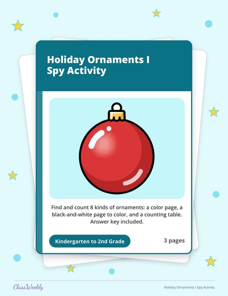 Holiday Ornaments I Spy Activity - 2nd Grade Holiday Activities printable preview