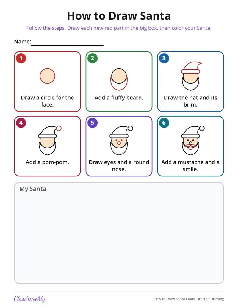 How to Draw Santa Claus Directed Drawing - Kindergarten Holiday Activities printable preview