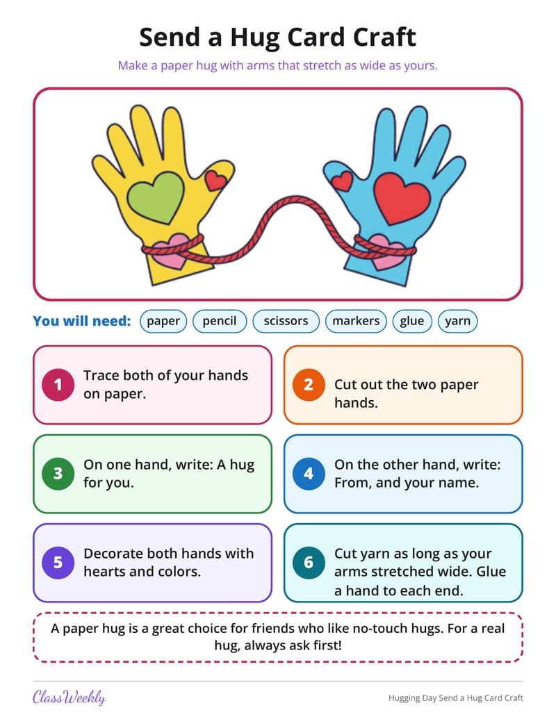 Hugging Day Send a Hug Card Craft - 2nd Grade Holiday Activities printable preview