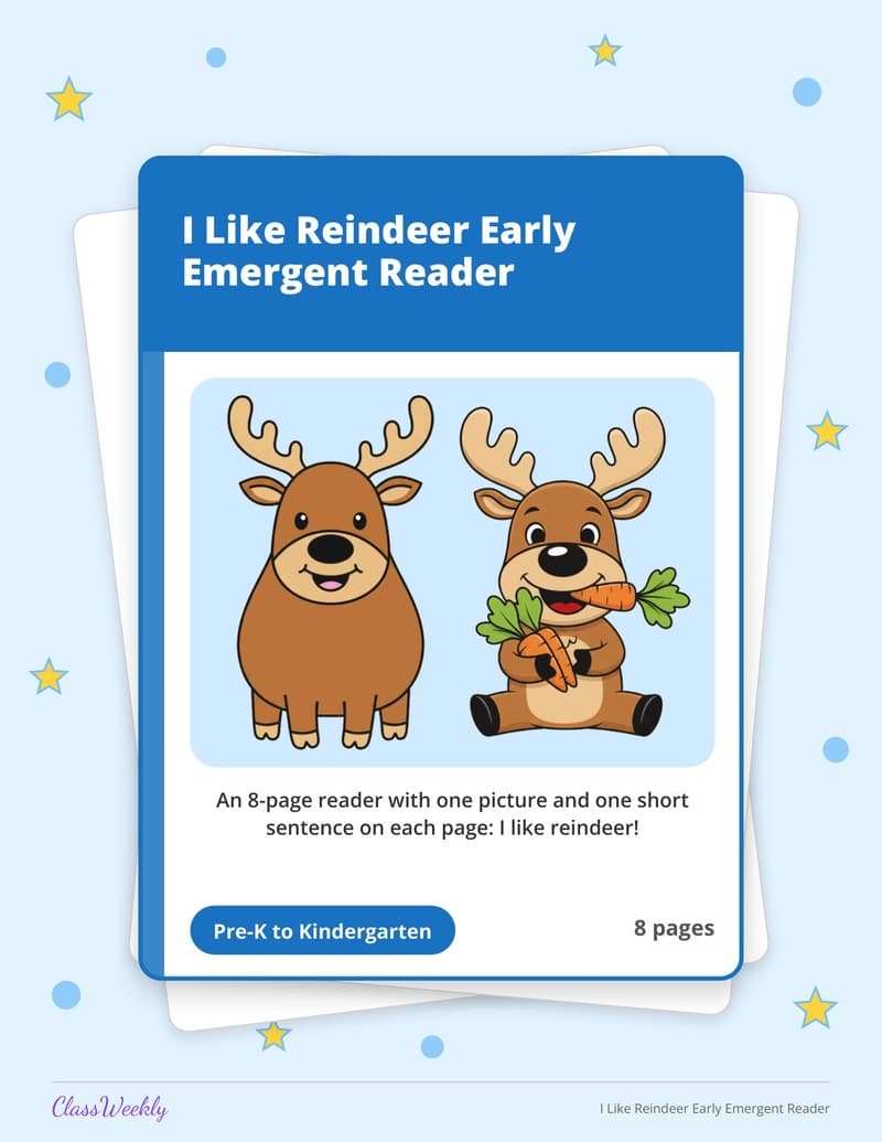 I Like Reindeer Early Emergent Reader - Kindergarten Holiday Activities printable preview