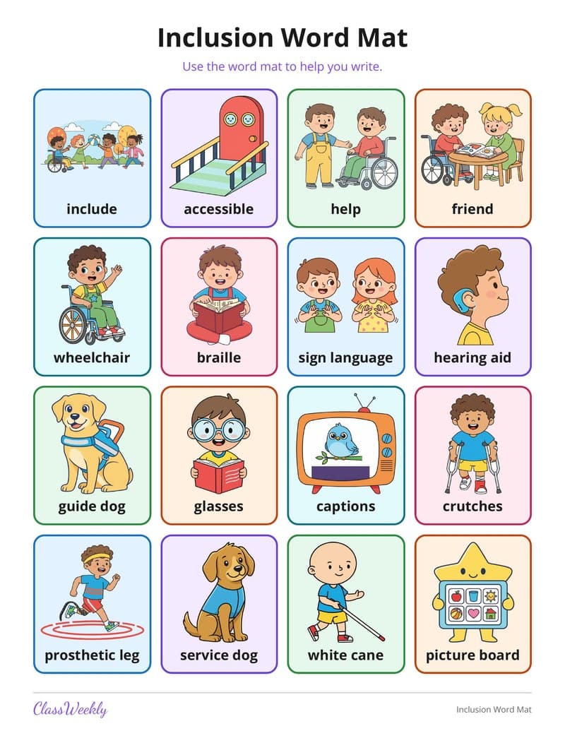 Inclusion Word Mat - Kindergarten Holiday Activities printable preview