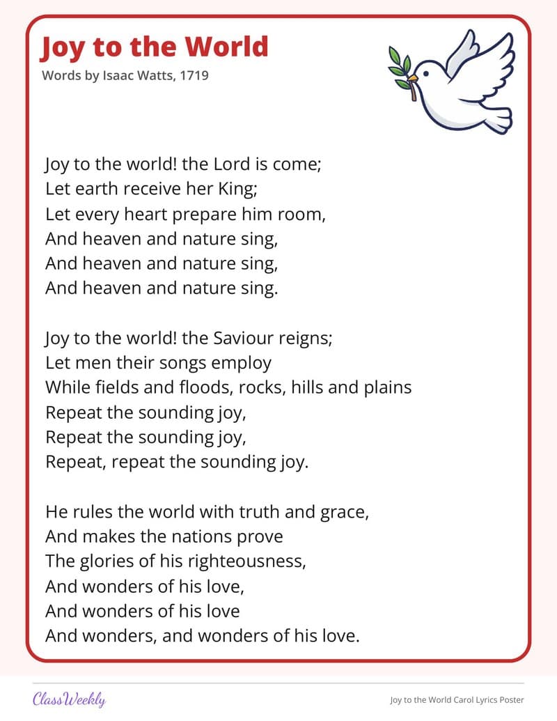 Joy to the World Carol Lyrics Poster - Kindergarten Holiday Activities printable preview