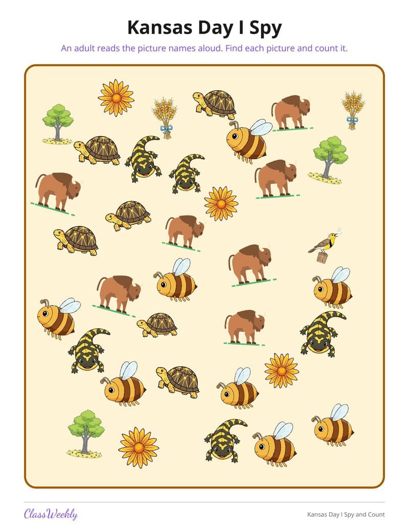 Kansas Day I Spy and Count - Kindergarten Holiday Activities printable preview