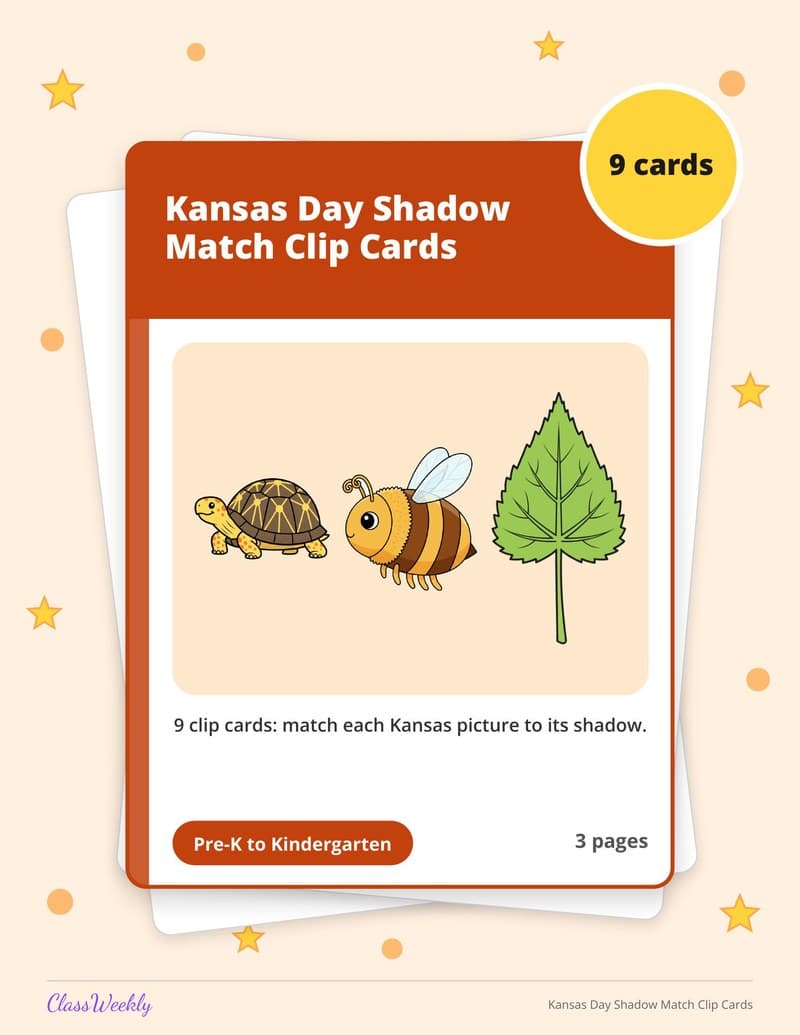 Kansas Day Shadow Match Clip Cards - Kindergarten Holiday Activities printable preview