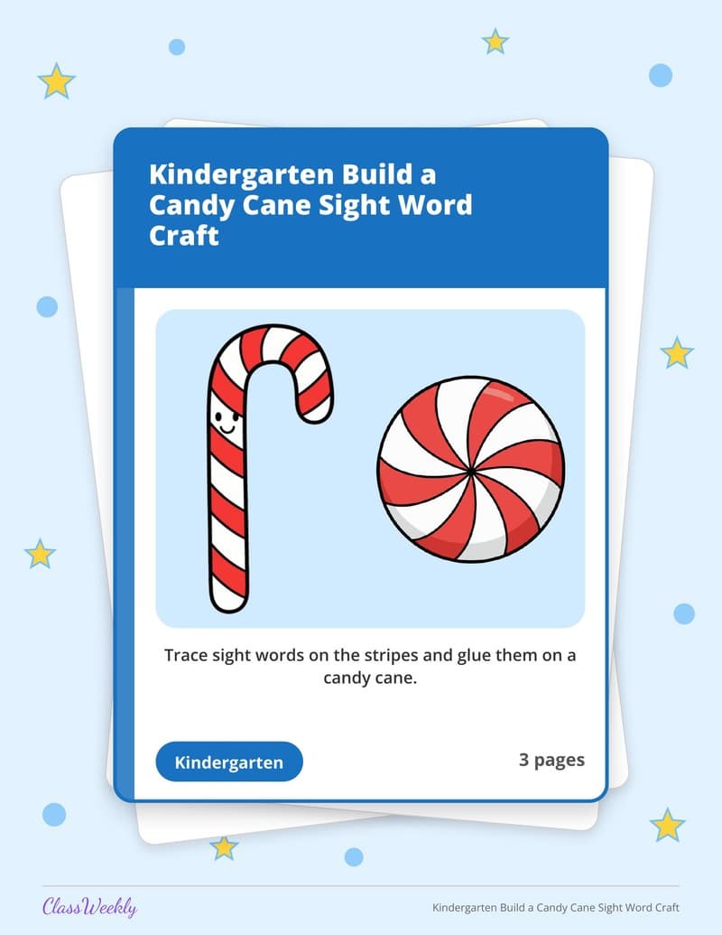 Kindergarten Build a Candy Cane Sight Word Craft - Kindergarten Holiday Activities printable preview