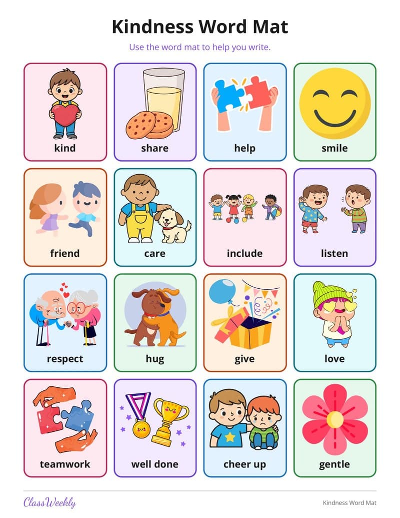 Kindness Word Mat - Kindergarten Holiday Activities printable preview