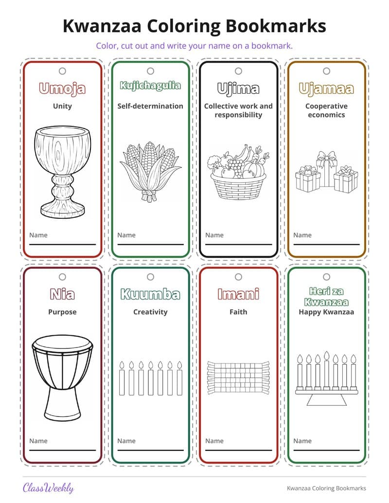 Kwanzaa Coloring Bookmarks - Kindergarten Holiday Activities printable preview