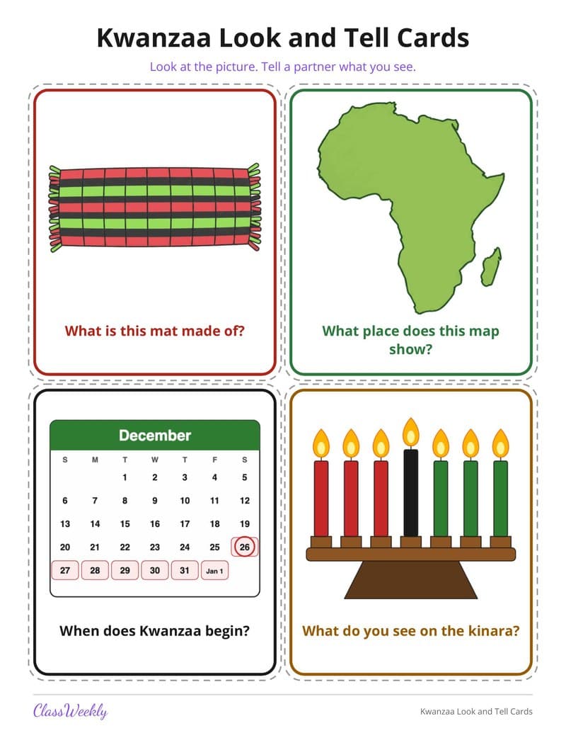 Kwanzaa Look and Tell Cards - Kindergarten Holiday Activities printable preview