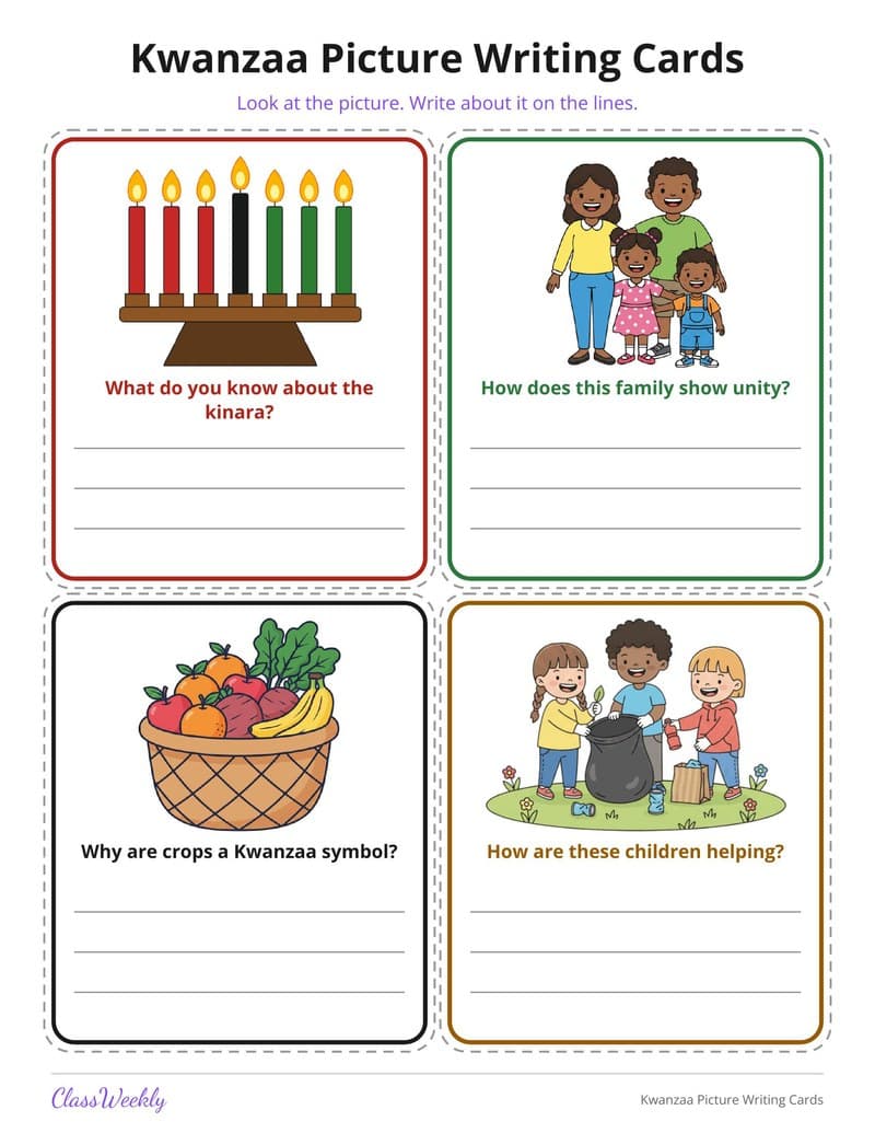Kwanzaa Picture Writing Cards - Kindergarten Holiday Activities printable preview