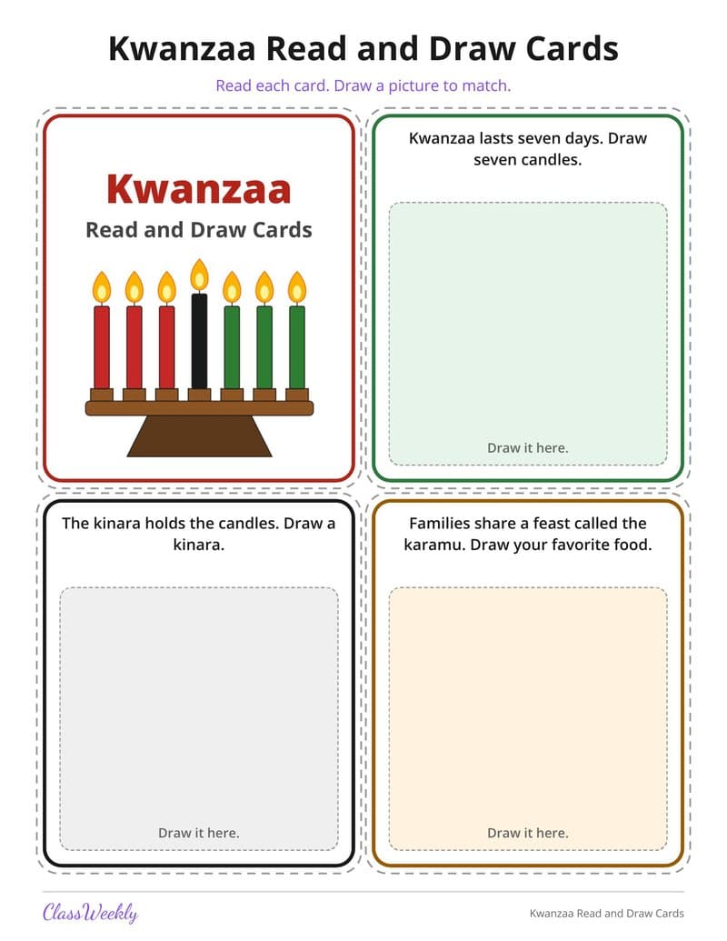 Kwanzaa Read and Draw Cards - Kindergarten Holiday Activities printable preview